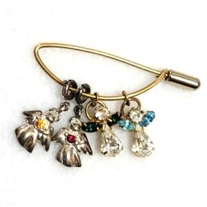 Vtg Guardian Angel Charm Dangle Pin Brooch Rhinestone Gold Turq Green Red Pin